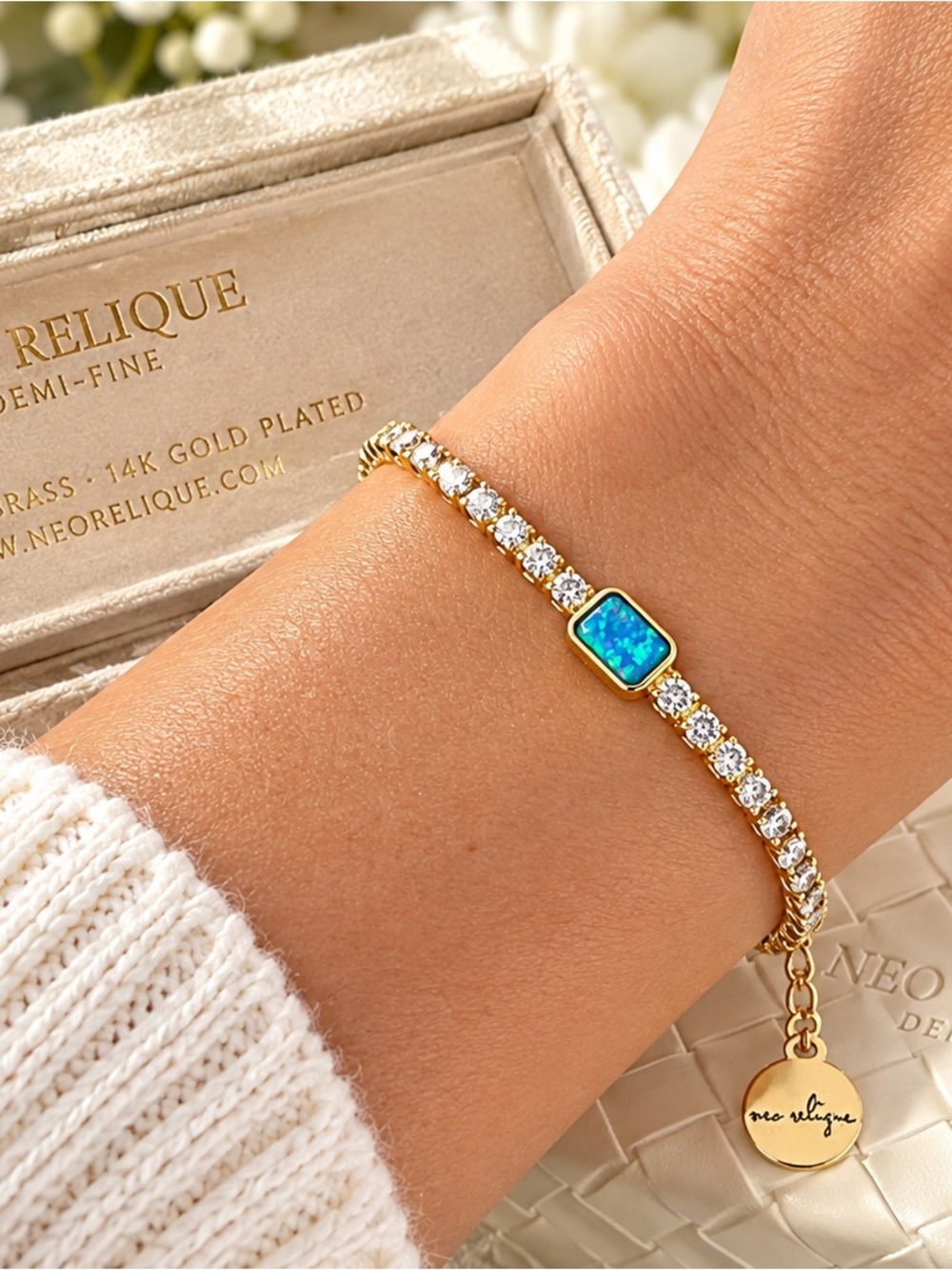 Neo Relique Blue Opal CZ Tennis Bracelet 14K Gold Plated NIB
